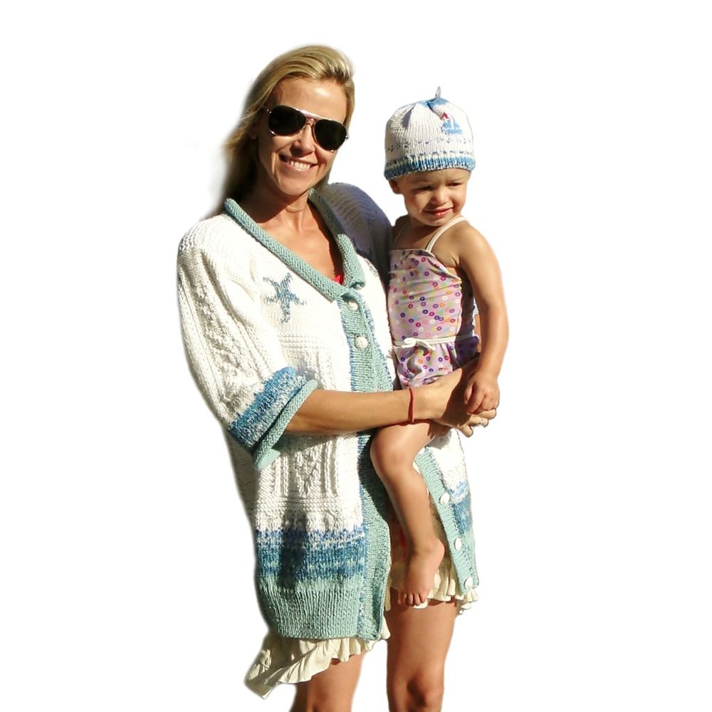 New! Handknit Mommy & Mini White Aqua Shades Seahorse Cardigan & Hat from NKS